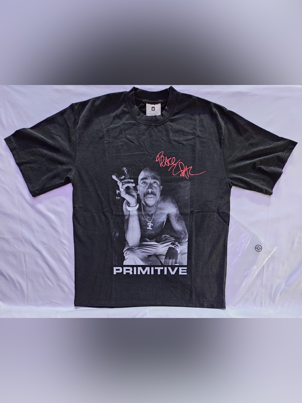 Primitive Black Graphic Tupac Crewneck Tee with Red Script